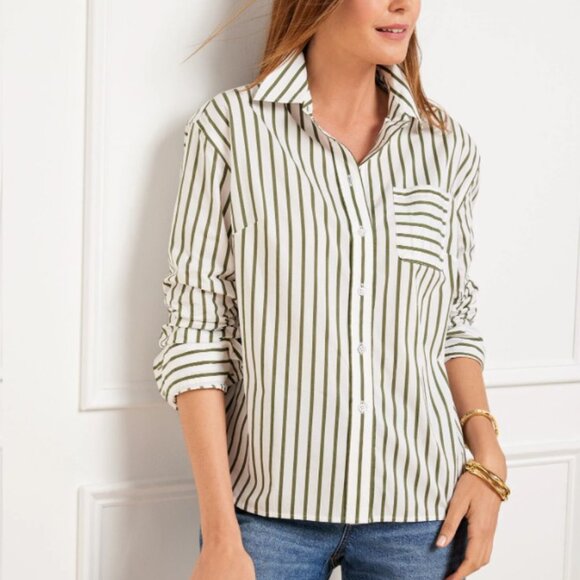 Talbots striped shirt moss green Medium Poplin Cotton Nautical Stripe - Picture 1 of 8